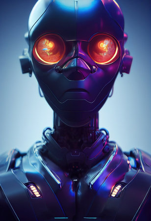 A fictional person, not based on a real person. Portrait of a futuristic robot. An artistic abstract cyberpunk fantasy. Concept of a modern robot. 3d renderingの写真素材