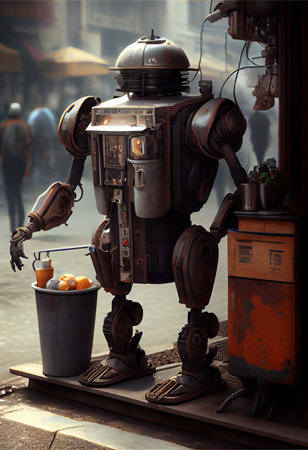Portrait of a steampunk robot making coffee. An artistic abstract cyberpunk fantasy. Concept of a vintage robot. Generative AI Artの写真素材