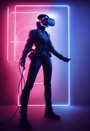 Fictional portrait of a sci-fi cyberpunk girl. High-tech futuristic woman from the future. The concept of virtual reality and cyberpunk. 3D render.の写真素材