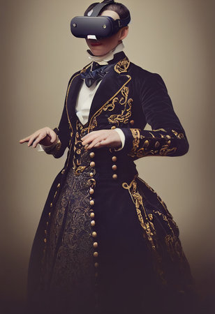 Portrait of a Victorian man wearing virtual goggles. A man from the olden days playing VR games. 3D renderingの写真素材