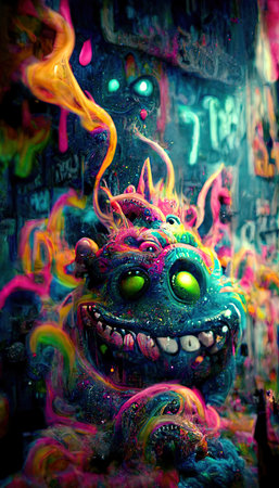 Abstract magical funny cartoon monster. Lots of colored paint, ink, funny monster and rainbow colors. Colorful wonderful surrealism of dreams. The concept of dreams and illusions.の写真素材