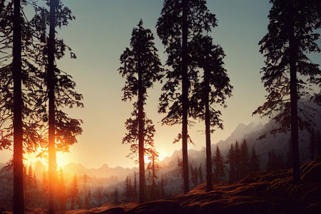 Beautiful ancient mountains at sunrise, in the evening sunlight and in the fog. 3D rendering.の写真素材
