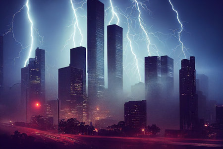 Huge lightnings over a major modern metropolis. A night storm over the city. 3D renderingの写真素材