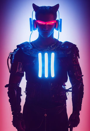 Realistic portrait of a sci-fi cyberpunk men in a cyber suit. High-tech futuristic man from the future. The concept of virtual reality and cyberpunk. 3D render.の写真素材