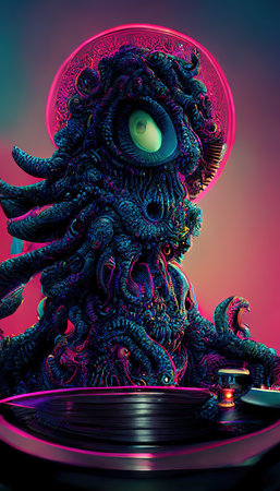 Portrait of an octopus DJ playing music. Octopus DJ at the disco.の写真素材