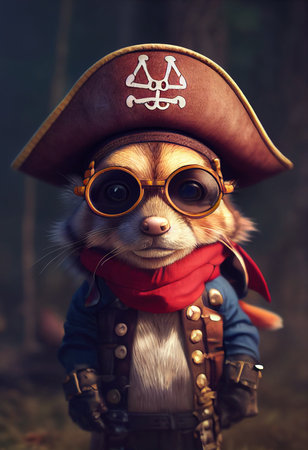 Portrait of a brutal chipmunk pirate. Medieval pirate raccoon in a vintage costume against a forest background. 3D rendering.の写真素材