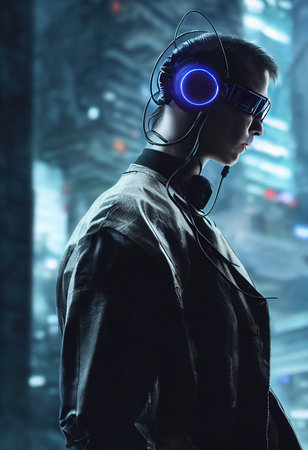 A realistic portrait of a man wearing a cyberpunk headset and cyberpunk gear. High-tech futuristic man from the future. The concept of virtual reality and cyberpunk. 3D renderの写真素材