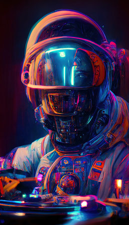 Portrait of an astronaut DJ playing music. Astronaut DJ at the disco.の写真素材