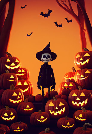 A dramatic, mystical backdrop for Halloween. Halloween pumpkins and Halloween holiday atmosphere. 3D renderingの写真素材