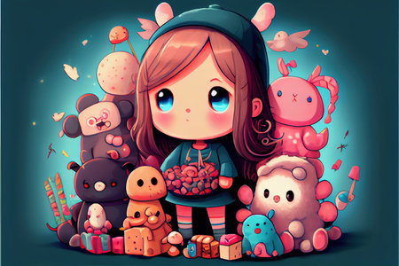 Portrait of a pretty little girl surrounded by her toys. An artistic abstract fantasy. The concept of the child. Generative AI Artの写真素材