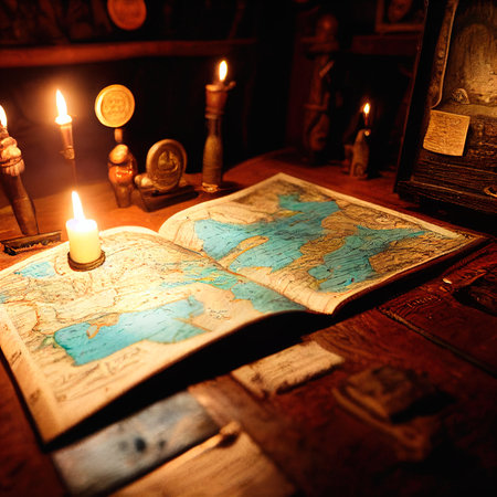 An ancient pirate map in the cabin of a pirate ship. Image of an ancient ancient pirate map. An ancient paper pirate scroll. 3d renderingの写真素材