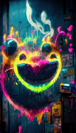 Abstract multicolored wonderful smiles. Lots of colored airy smiles, colored paints, rainbows and multicolored smoke. Colorful rainbow cheerful illusion. A dream and holiday concept.の写真素材