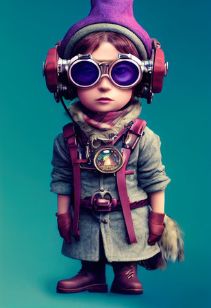 Funny little gnome with purple hair and steampunk glasses. The concept of fairy tale characters. 3D renderingの写真素材