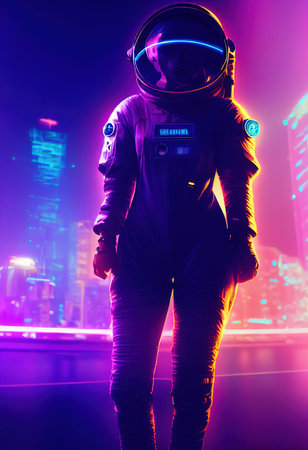 Portrait of an fictional astronaut in neon light in a spacesuit. High-tech astronaut from the future. The concept of space travel. 3D renderingの写真素材