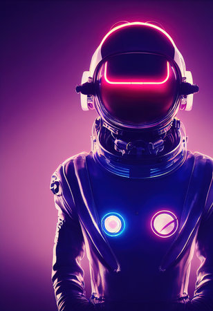 Portrait of an fictional astronaut in neon light in a spacesuit. High-tech astronaut from the future. The concept of space travel. 3D renderingの写真素材