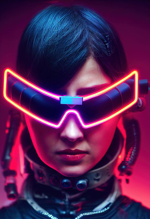 Realistic portrait of a sci-fi cyberpunk girl. High-tech futuristic woman from the future. The concept of virtual reality and cyberpunk. 3D render.の写真素材