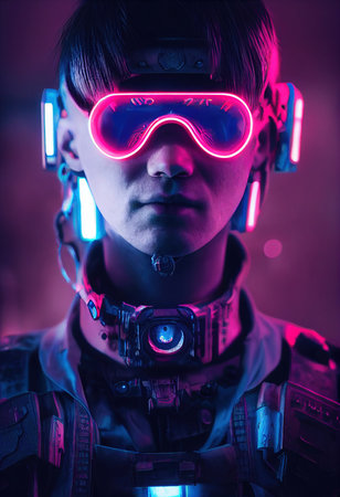 A fictional person, not based on a real person. Portrait of a sci-fi cyberpunk man. High-tech futuristic man from the future. The concept of virtual reality and cyberpunk. 3D render.の写真素材