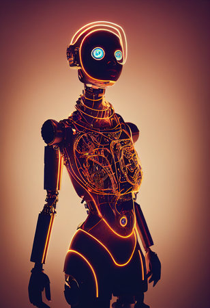 A fictional person, not based on a real person. Portrait of a futuristic robot. An artistic abstract cyberpunk fantasy. Concept of a modern robot. 3d renderingの写真素材