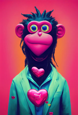 Abstract surrealistic animal in love. Lots of colorful flowers, pink hearts, rainbows and multicolored smoke. Colorful wonderful dream abstraction.の写真素材