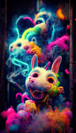 Abstract magical funny cartoon monster. Lots of colored paint, ink, funny monster and rainbow colors. Colorful wonderful surrealism of dreams. The concept of dreams and illusions.の写真素材