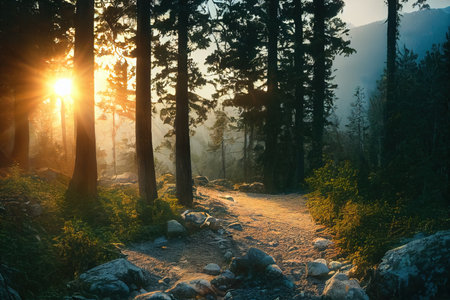 Sunrise scene in a summer forest on a summer morning with fog. Landscape of nature and forest. 3d renderingの写真素材