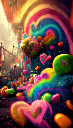 Abstract multicolor magical surrealism. Lots of colored paint, ink, fuzzy hearts, rainbows and multicolored smoke. Colorful wonderful unreality from dreams. Perfect for phone wallpaper or for posters.の写真素材