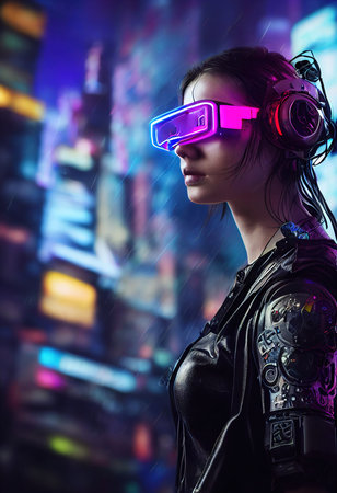 Realistic portrait of a sci-fi cyberpunk girl. High-tech futuristic woman from the future. The concept of virtual reality and cyberpunk. 3D render.の写真素材