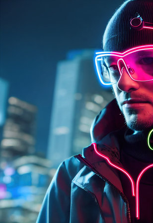 A fictional person, not based on a real person. Portrait of a sci-fi cyberpunk man. High-tech futuristic man from the future. The concept of virtual reality and cyberpunk. 3D render.の写真素材