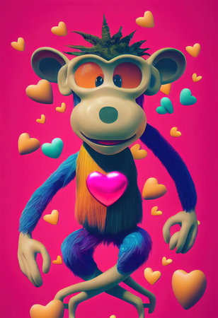 Abstract surrealistic animal in love. Lots of colorful flowers, pink hearts, rainbows and multicolored smoke. Colorful wonderful dream abstraction.の写真素材