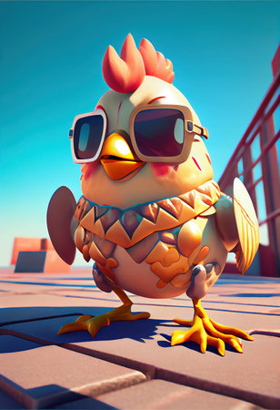 Cartoon funny orange rooster with fashionable glasses. Generative AI Artの写真素材