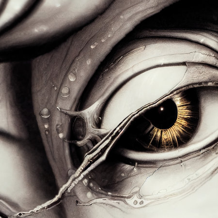 Fantasy eye close-up. A fantastic eye in close-up. Alien eye with bright colors. 3D rendering.の写真素材