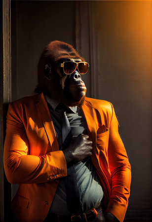 Portrait of a happy business gorilla. Business gorilla in a stylish orange suit. Generative AI Art.の写真素材