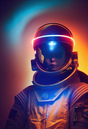 Portrait of an fictional astronaut in neon light in a spacesuit. High-tech astronaut from the future. The concept of space travel. 3D renderingの写真素材