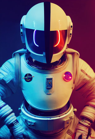 Portrait of an fictional astronaut in neon light in a spacesuit. High-tech astronaut from the future. The concept of space travel. 3D renderingの写真素材