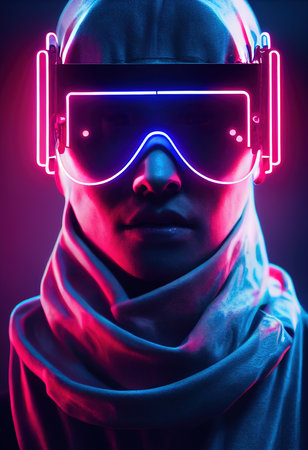 Portrait of a man wearing a cyberpunk headset and cyberpunk gear. A high-tech futuristic man from the future. The concept of virtual reality and cyberpunk. 3D rendering.の写真素材