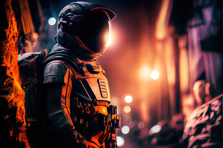 An astronaut on an alien planet. A high-tech astronaut from the future. Generative AI Art.の写真素材