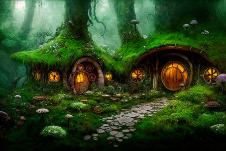 Wonderful fairy tale house on a hill in a magical morning forest. A forest fairy tale concept. 3D renderingの写真素材