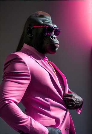 Portrait of a happy business gorilla. Business gorilla in a stylish pink suit. Generative AI Art.の写真素材