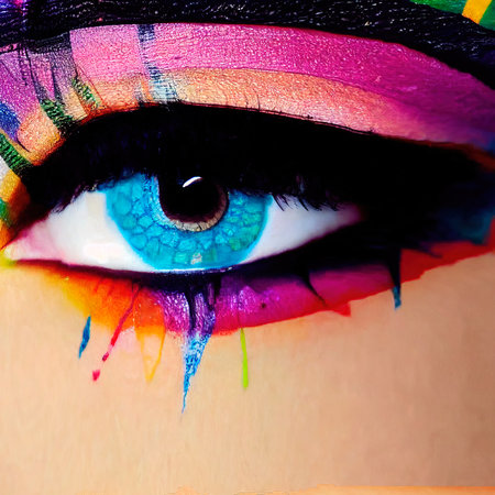 Fantasy eye with beautiful makeup close-up. The eye of a fashionable woman with bright colors. 3D rendering.の写真素材