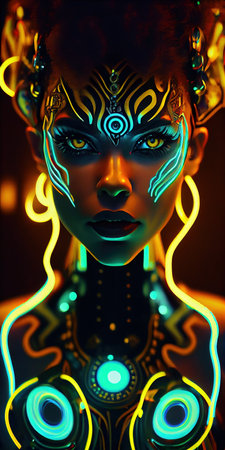 Portrait of a mystical fantasy bioluminescent neon woman. Glamorous fashionable lady. Generative AI Art.の写真素材