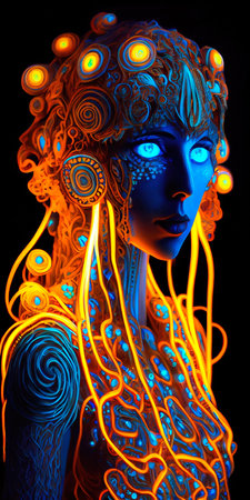 Portrait of a mystical fantasy bioluminescent neon woman. Glamorous fashionable lady. Generative AI...