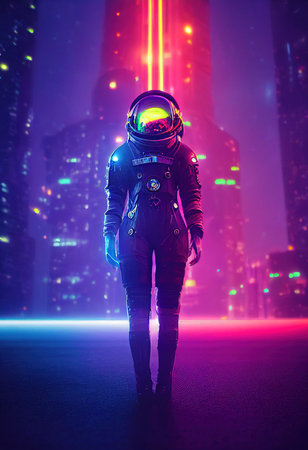 Portrait of an astronaut in neon light in a spacesuit. High-tech astronaut from the future. The concept of space travel. 3D renderingの写真素材