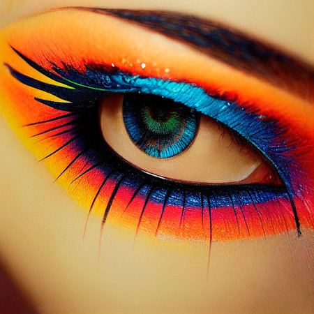 Fantasy eye with beautiful makeup close-up. The fantasy eye of a fashionable woman with bright colors. 3D rendering.の写真素材