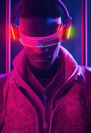 Fictional portrait of a sci-fi cyberpunk man. High-tech futuristic man from the future. The concept...