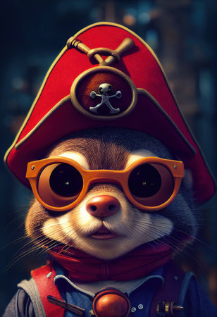 Portrait of a brutal chipmunk pirate. Medieval pirate chipmunk in a vintage costume against a forest background. 3D rendering.の写真素材