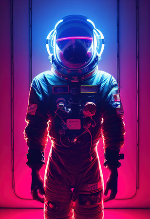 Portrait of an fictional astronaut in neon light in a spacesuit. High-tech astronaut from the future. The concept of space travel. 3D renderingの写真素材