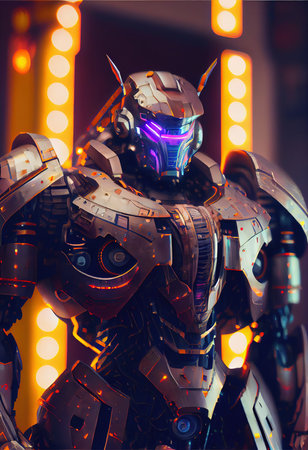 Portrait of a futuristic warrior robot. An artistic abstract cyberpunk fantasy. Concept of a modern robot. Generative AI Artの写真素材