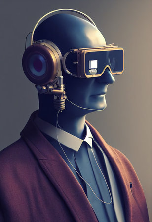 Fictional portrait of a grandfather in a futuristic cyberpunk style with a cyber headset. A high-tech man from the future. The concept of virtual reality and cyberpunk. 3D renderの写真素材