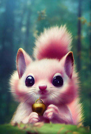 Pink Squirrel in an spring forest. A squirrel in nature in an spring park. Cute squirrel sitting on a tree branch. 3d renderingの写真素材