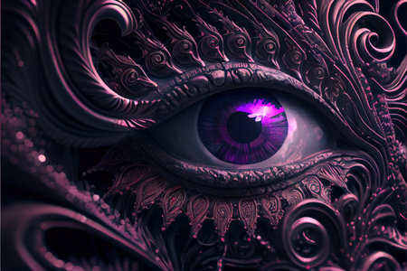 Fantasy alien eye with beautiful makeup close-up. The eye of a fashionable alien with bright colors. Generative AI Art.の写真素材